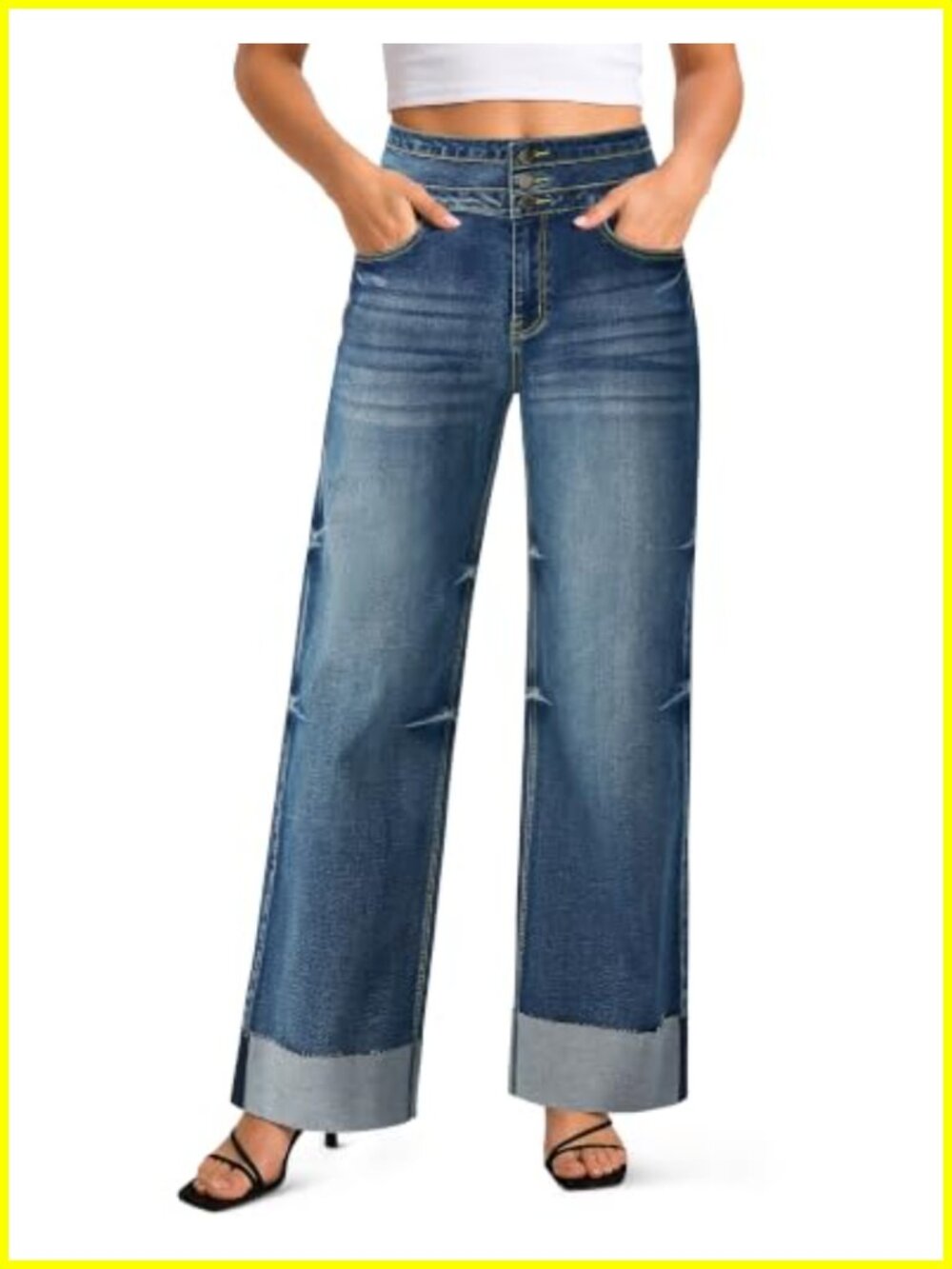Women's High Waisted Wide Leg Jeans - Stretchy Baggy Cuffed Hem Denim